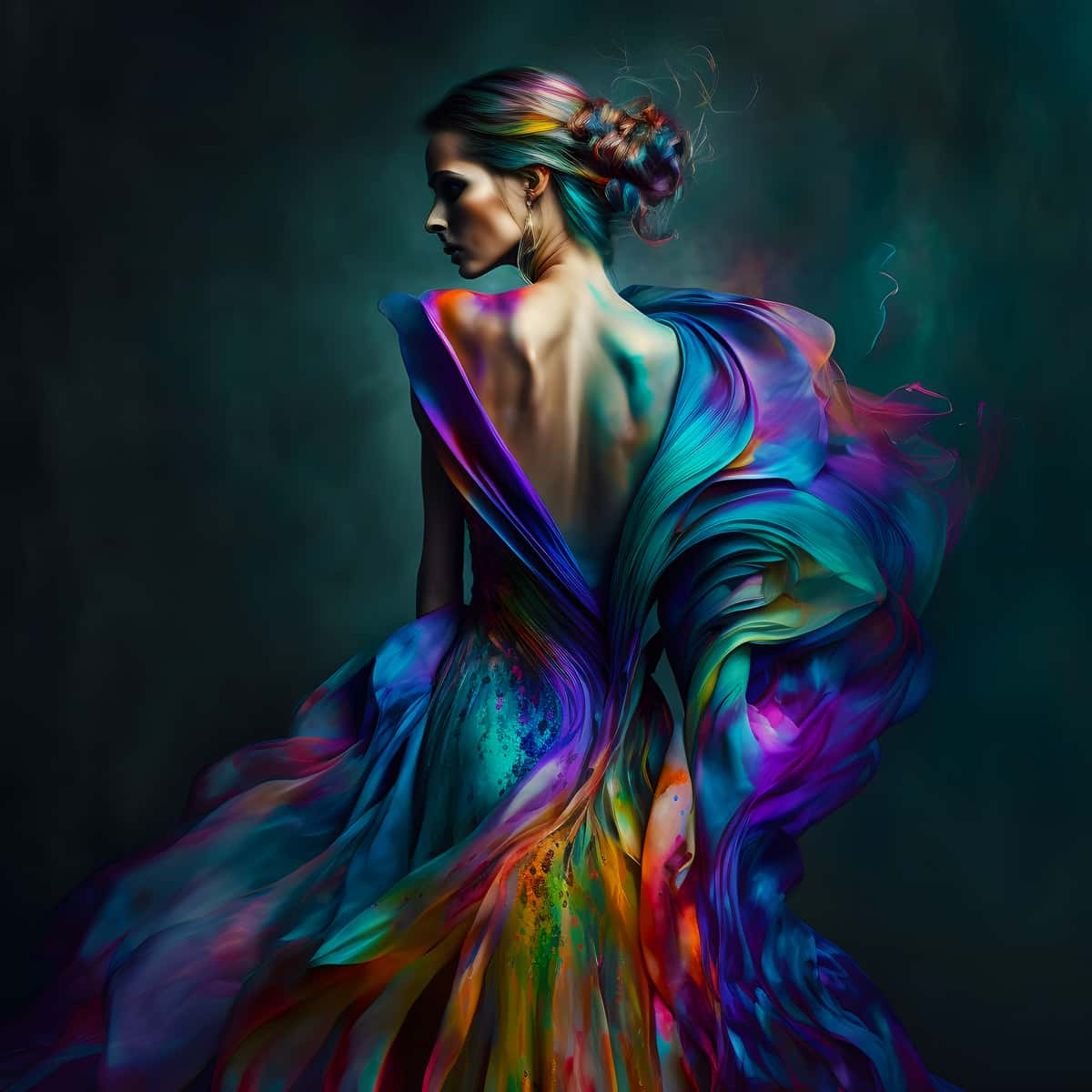 AB Diamond Painting - Frau mit buntem Kleid auf schwarzem Hintergrund - gedruckt in Ultra-HD - AB Diamond, Menschen, Neu eingetroffen, Quadratisch