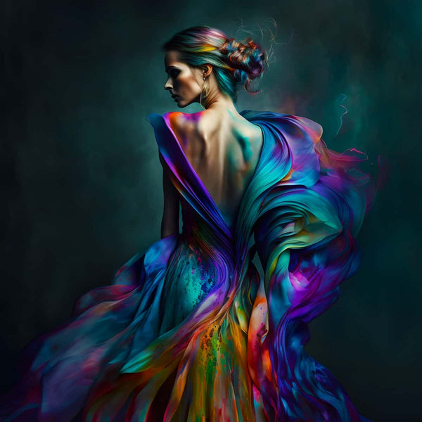 AB Diamond Painting - Frau mit buntem Kleid auf schwarzem Hintergrund - gedruckt in Ultra-HD - AB Diamond, Menschen, Neu eingetroffen, Quadratisch