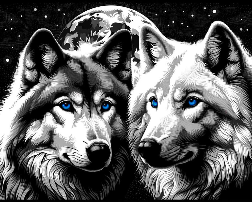 Paint by Numbers - Pair of wolves, black and white