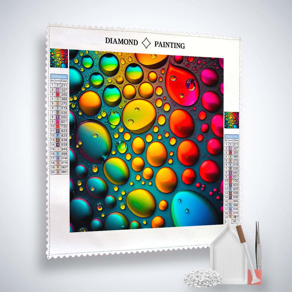 AB Diamond Painting - Colorful Raindrops Part 2 Paint by Numbers kit with canvas, acrylic diamonds, tools, and multicolored raindrop design