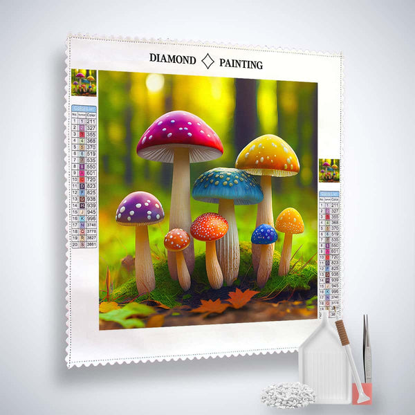 AB Diamond Painting kit featuring colorful mushrooms in a forest setting, includes canvas, acrylic diamonds, tweezers, and application pen. Paint by Numbers.
