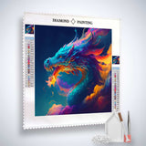 Diamond Painting Kit featuring a vibrant, colorful dragon design; includes canvas, acrylic diamonds, tweezers, pen, and tray for Paint by Numbers.
