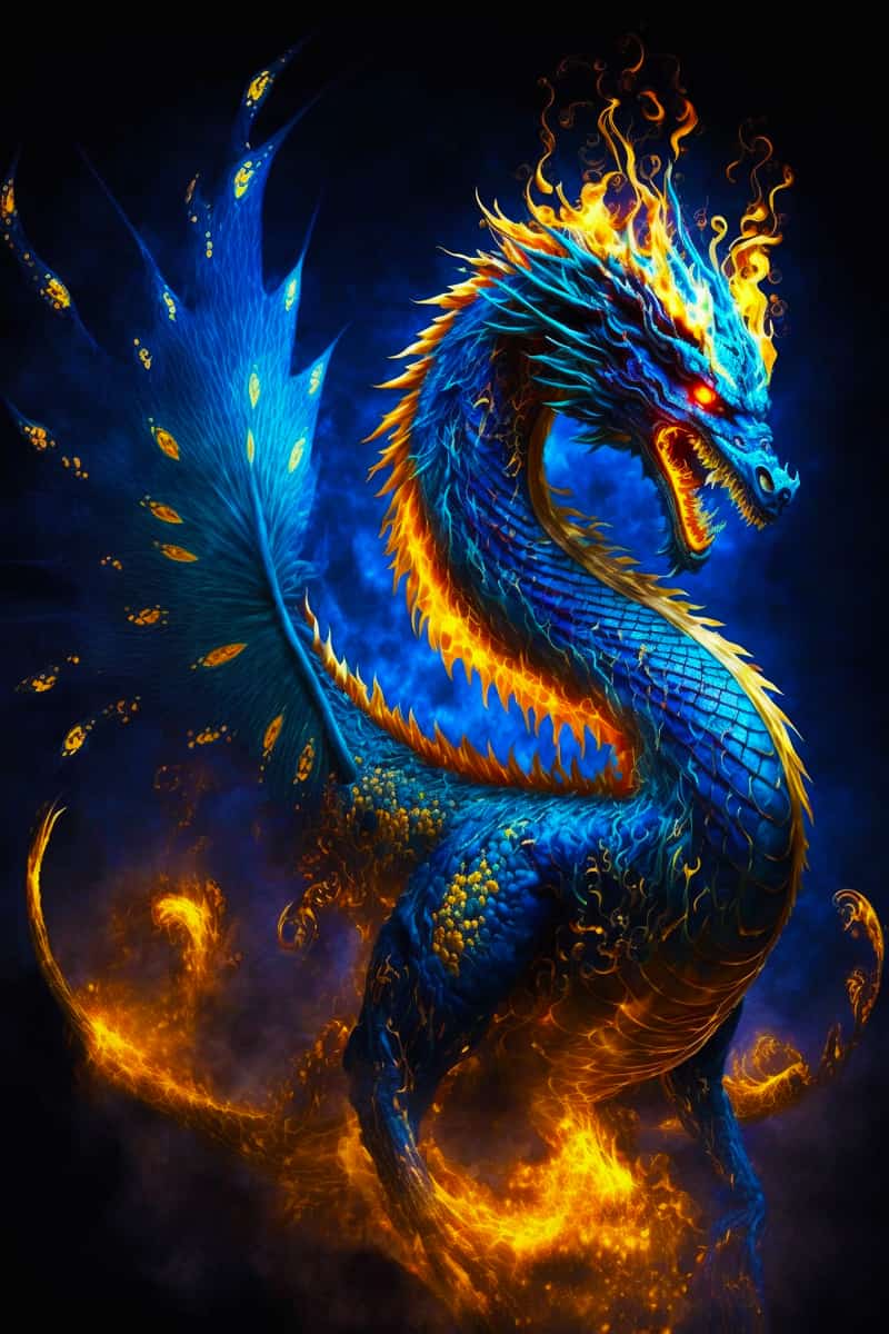 Blue and orange fiery dragon on dark background, majestic mythical creature artwork.