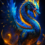 Blue and orange fiery dragon on dark background, majestic mythical creature artwork.