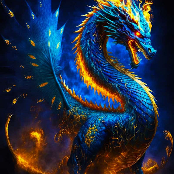 Blue and orange fiery dragon on dark background, majestic mythical creature artwork.