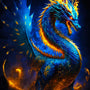 Blue and orange fiery dragon on dark background, majestic mythical creature artwork.