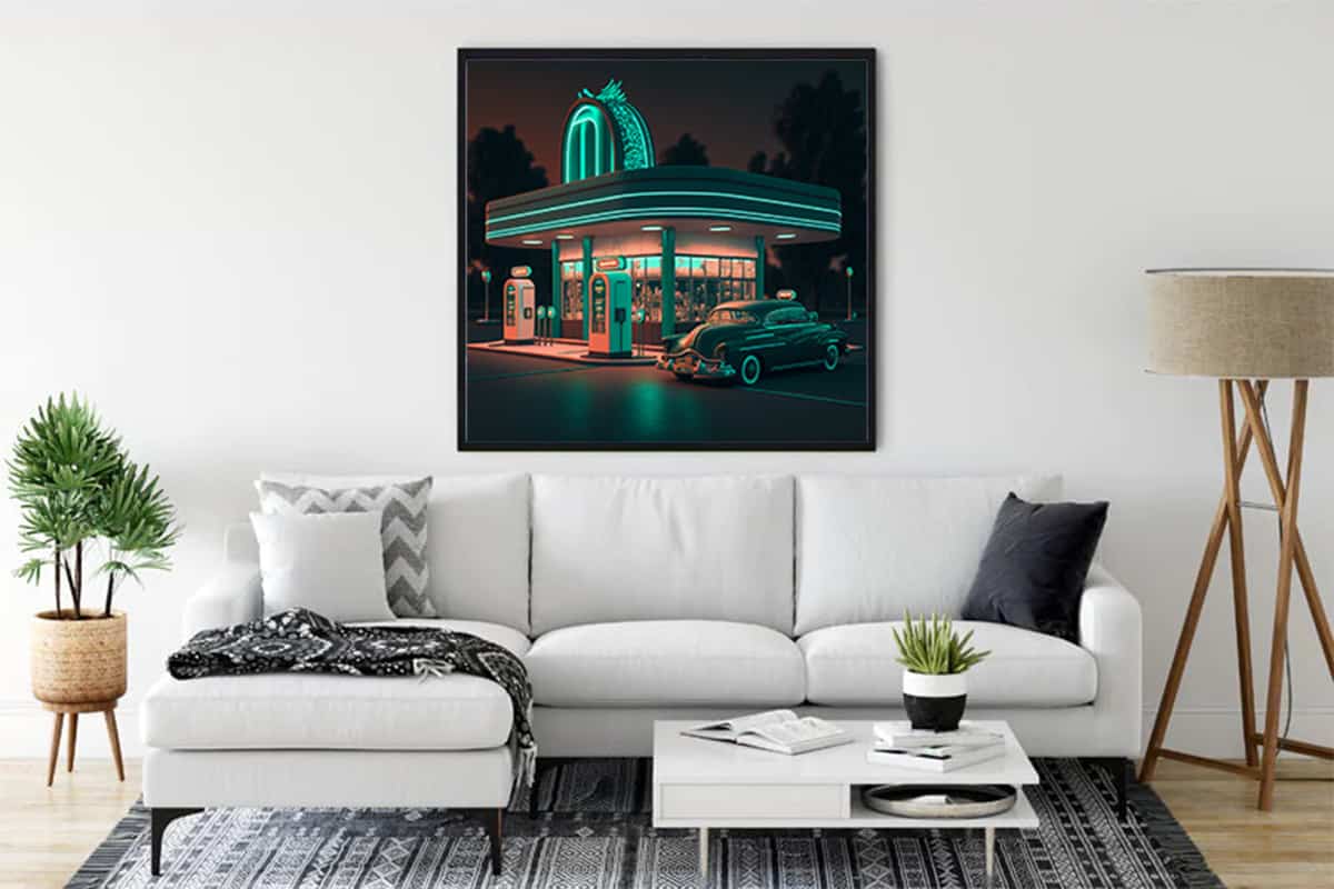 Diamond Painting Chrome Shine of the 50s - Retro Gas Station Art, Sparkling Paint by Numbers Kit Displayed above Modern Sofa