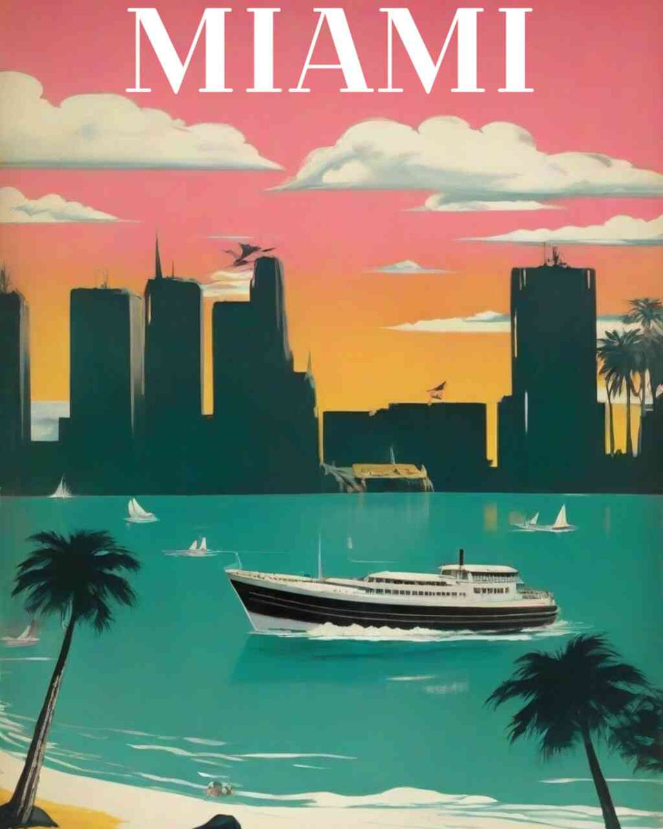 Paint by Numbers - Dream of Miami artwork with modernist high-rises, palm-fringed beaches, and a luxurious ship on the aquamarine sea