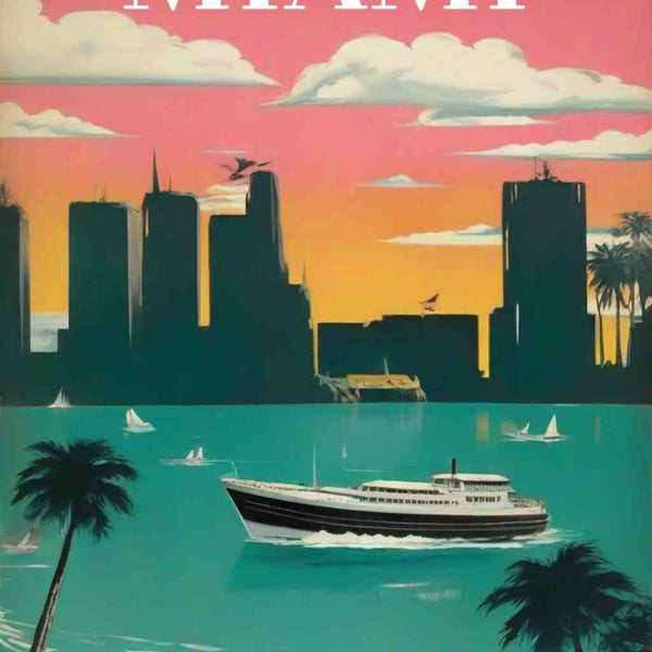 Paint by Numbers - Dream of Miami artwork with modernist high-rises, palm-fringed beaches, and a luxurious ship on the aquamarine sea