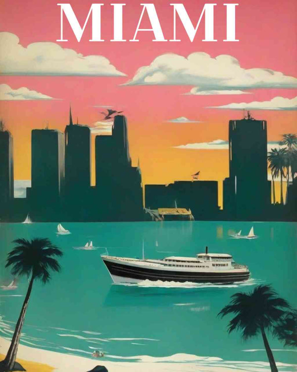 Paint by Numbers - Dream of Miami artwork with modernist high-rises, palm-fringed beaches, and a luxurious ship on the aquamarine sea