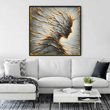 Paint by Numbers - Whispered Elegance artwork with golden veins showcased in a modern living room above a white sofa.
