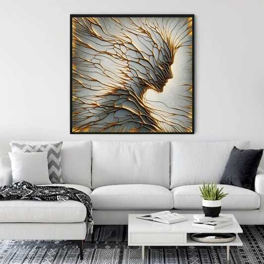 Paint by Numbers - Whispered Elegance artwork with golden veins showcased in a modern living room above a white sofa.