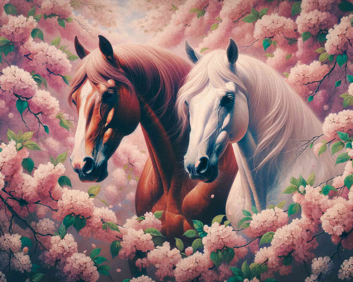 Horses in front of cherry trees