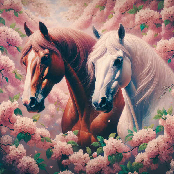 Horses in front of cherry trees