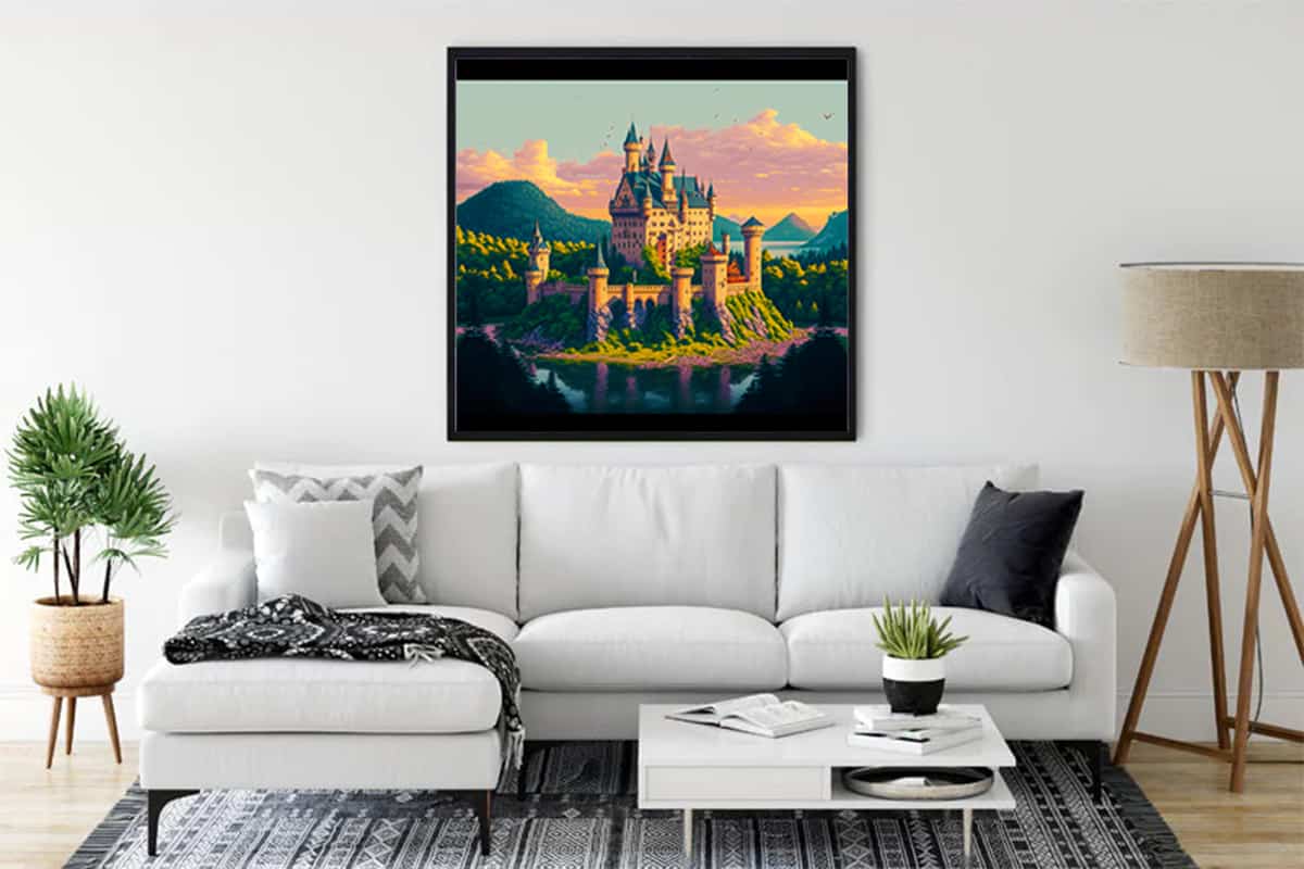 Diamond Painting - Fairy tale castle wall art in a modern living room, Paint by Numbers kit with a castle design.