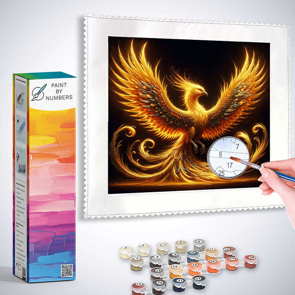 Paint by Numbers kit featuring "Phoenix Awakening" in golden flames, with paint pots and brush for a captivating fantasy rebirth scene.