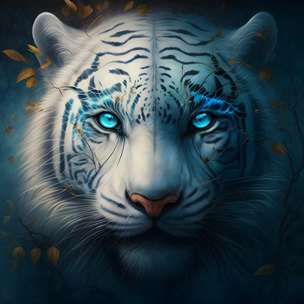 White tiger frontal diamond painting kit with vibrant blue eyes, perfect for Paint by Numbers enthusiasts.