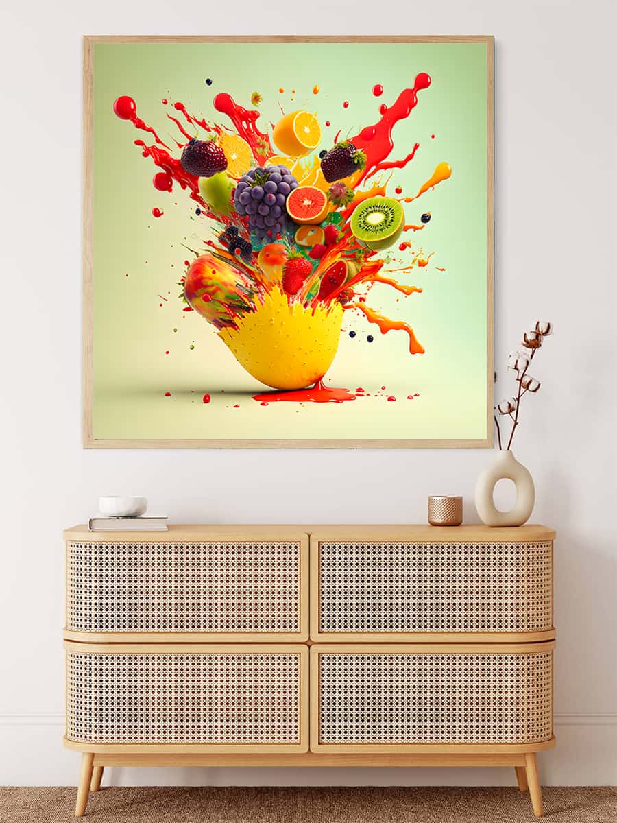 AB Diamond Painting - Fruit Explosion Destroy: Vibrant fruit splashes in a paint by numbers style art on a professional canvas ready to sparkle