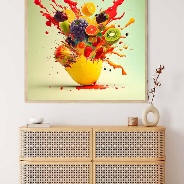 AB Diamond Painting - Fruit Explosion Destroy: Vibrant fruit splashes in a paint by numbers style art on a professional canvas ready to sparkle