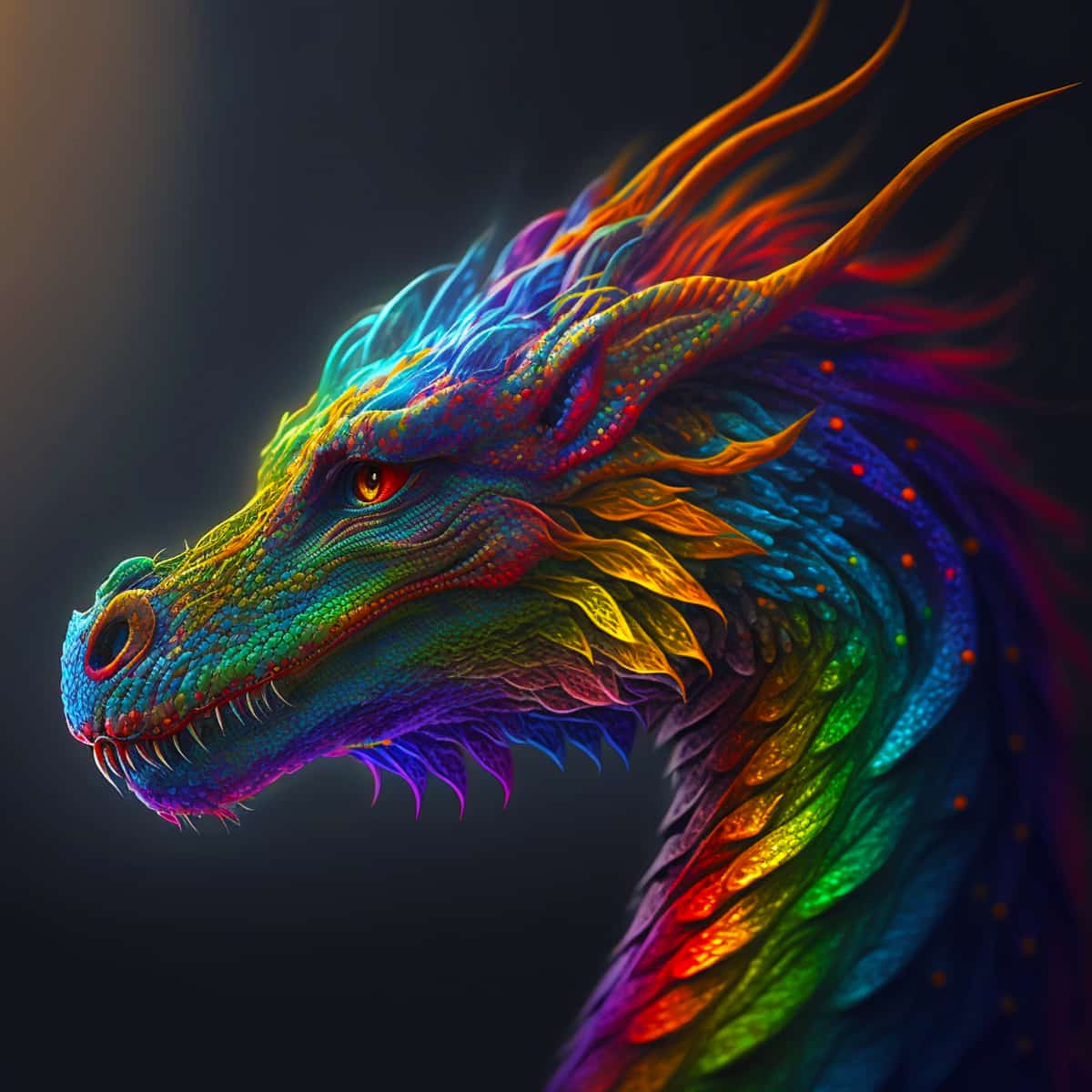 Vibrant rainbow-colored dragon illustration with intricate details and glowing edges