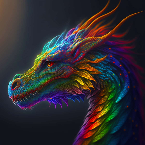 Vibrant rainbow-colored dragon illustration with intricate details and glowing edges