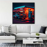 Diamond painting of a 50s gas station romance scene displayed above a modern white sofa in a stylish living room.