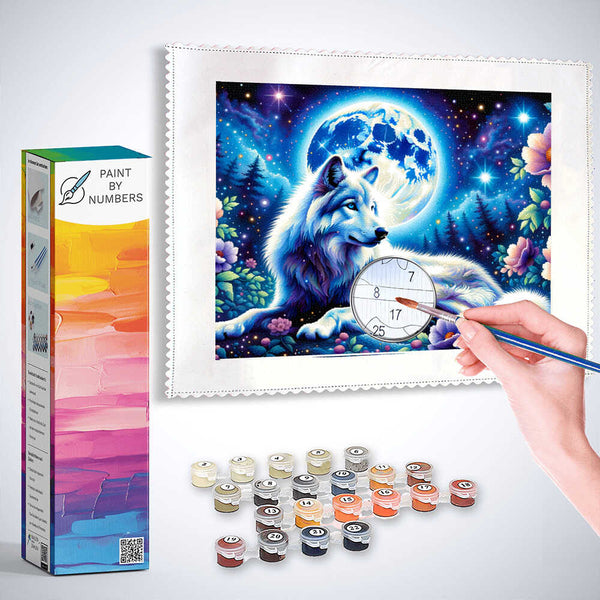 Wolf in full moon with flower - Paint by Numbers