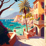 Serene coastal Italian scene with colorful buildings, palm tree, and boats on the water, featured in a Diamond Painting - Italian Dreams kit.