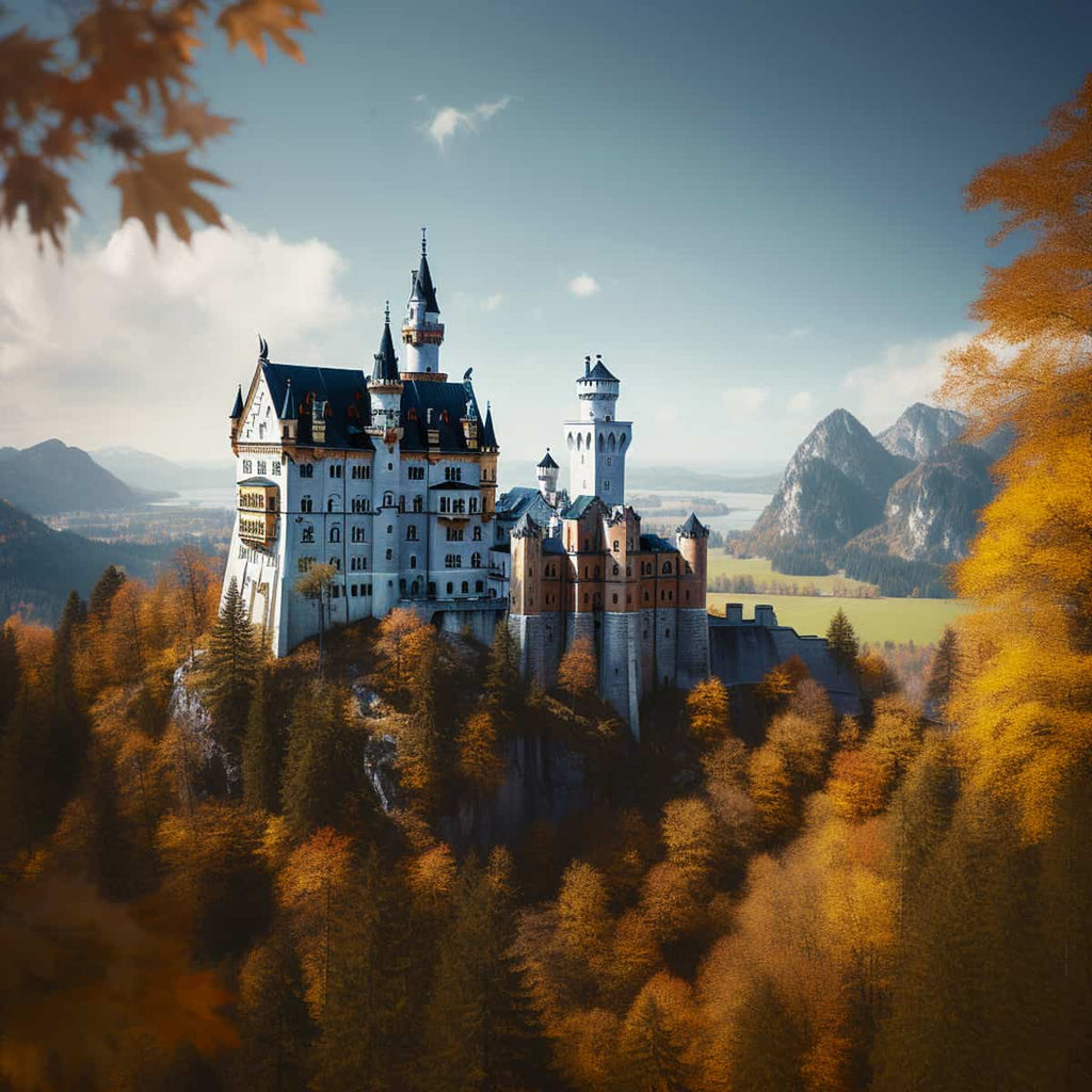 Neuschwanstein Castle Diamond Painting Kit - Paint by Numbers scene of a majestic castle amidst autumn foliage with mountain backdrop