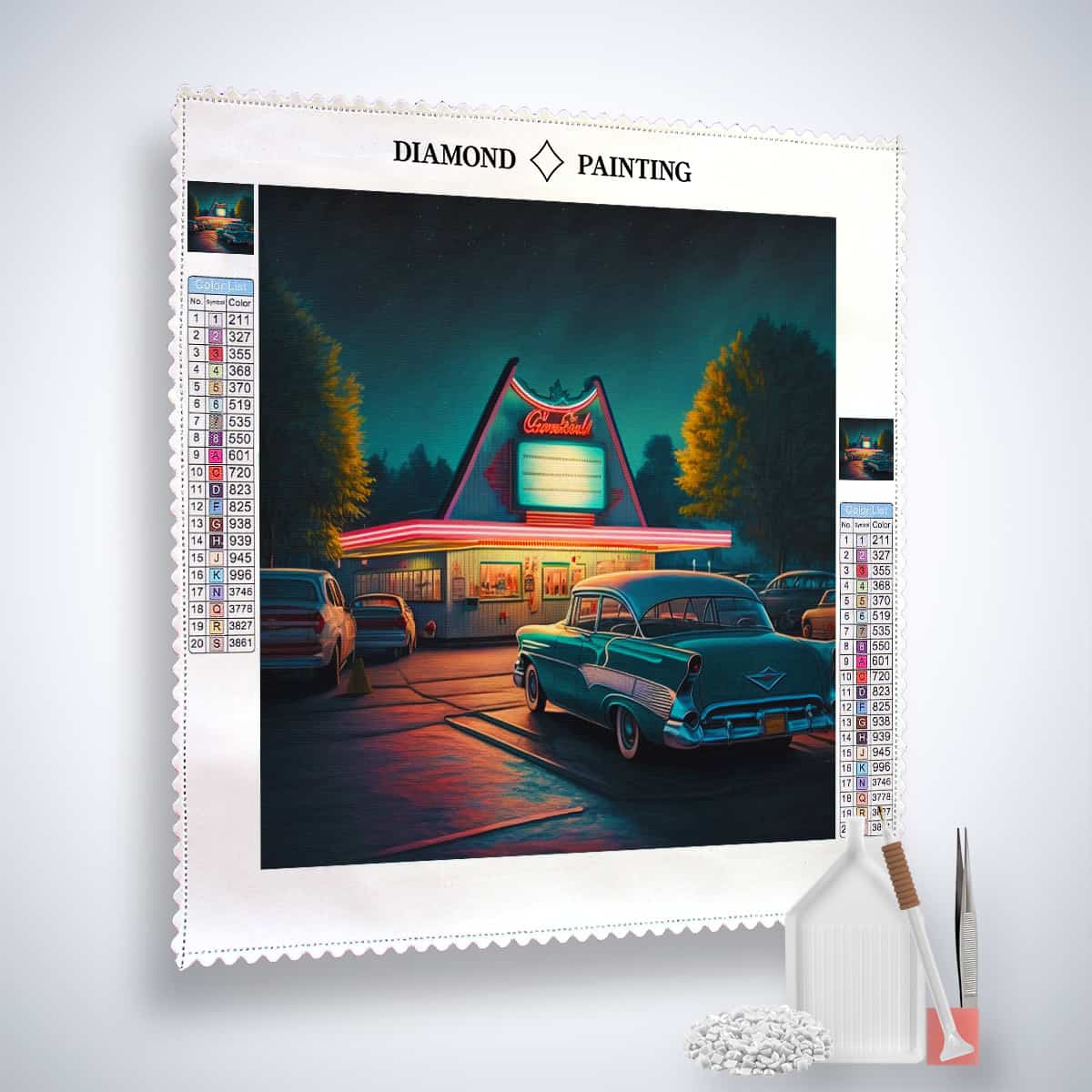 Diamond painting kit featuring a nostalgic 50s diner scene with classic cars, paint by numbers design with acrylic diamonds and tools.