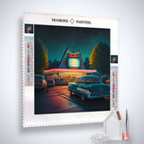Diamond painting kit featuring a nostalgic 50s diner scene with classic cars, paint by numbers design with acrylic diamonds and tools.