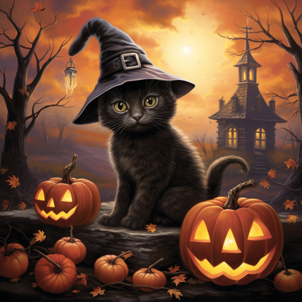 Adorable black kitten wearing a witch hat surrounded by pumpkins and Halloween decorations with a haunted house and autumn background