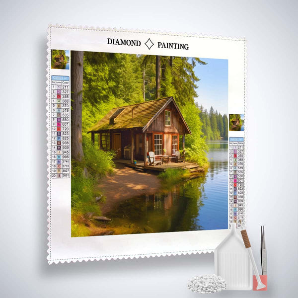Diamond Painting Kit - House on the Lake Shore with Paint by Numbers, Canvas, Acrylic Diamonds, Tweezers, and Application Pen