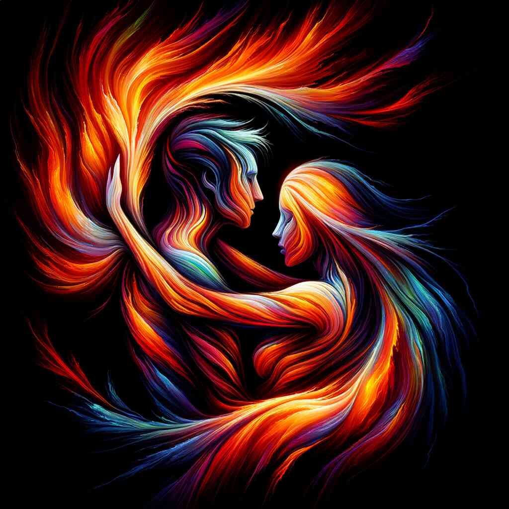 Paint by Numbers - Vibrant portrayal of two faces merging with fiery and cool tones, symbolizing passion and calm in an abstract embrace