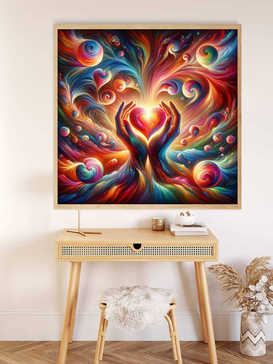 Paint by Numbers - hands holding heart surrounded by vibrant color swirls wall art. Abstract expressionism with romantic fantasy feel.