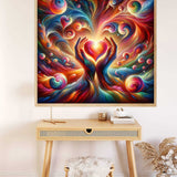 Paint by Numbers - hands holding heart surrounded by vibrant color swirls wall art. Abstract expressionism with romantic fantasy feel.