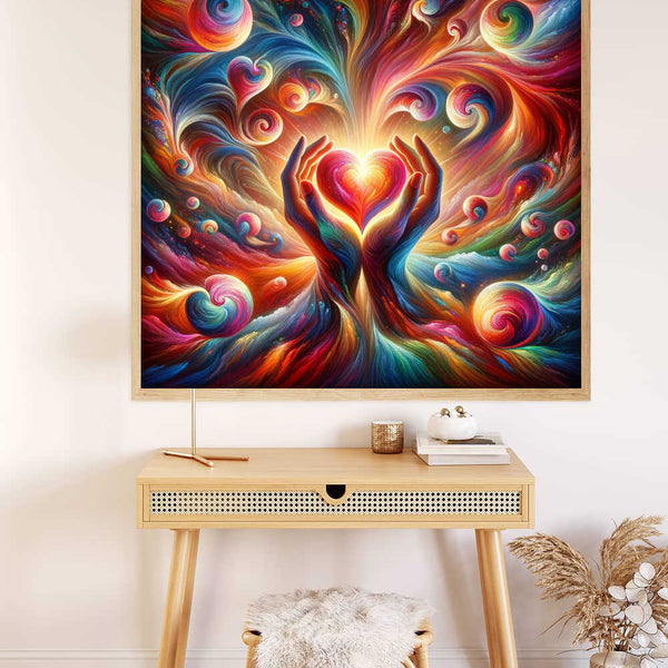 Paint by Numbers - hands holding heart surrounded by vibrant color swirls wall art. Abstract expressionism with romantic fantasy feel.