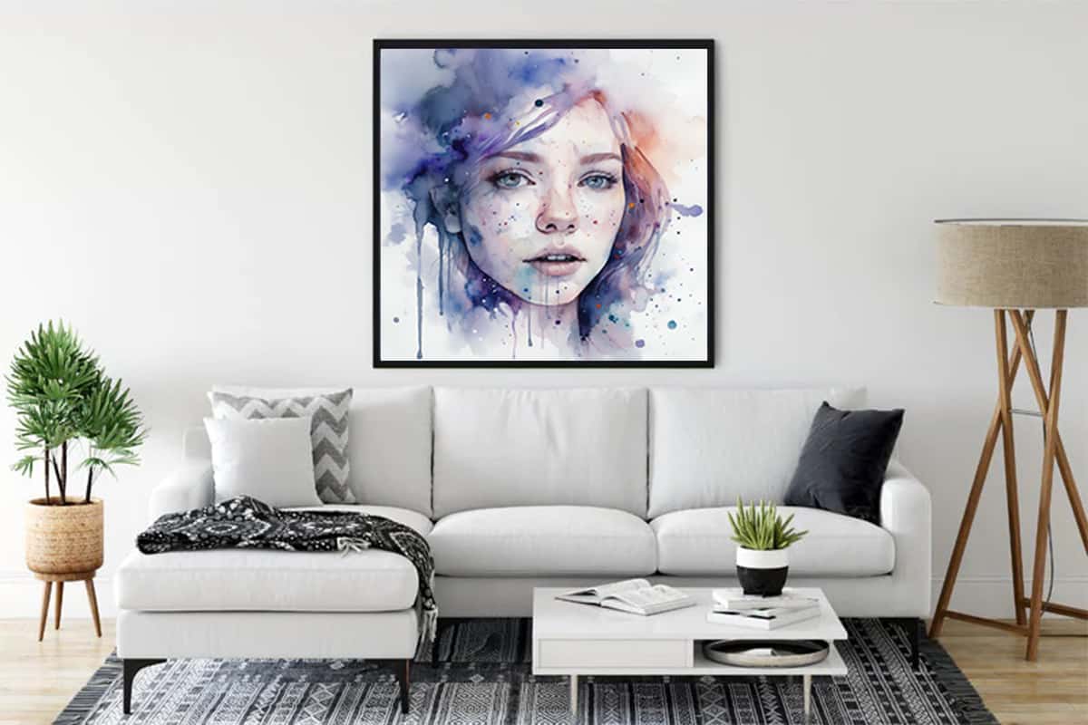 Modern living room featuring a framed delicate and playful diamond painting kit in Paint by Numbers style above a white sofa