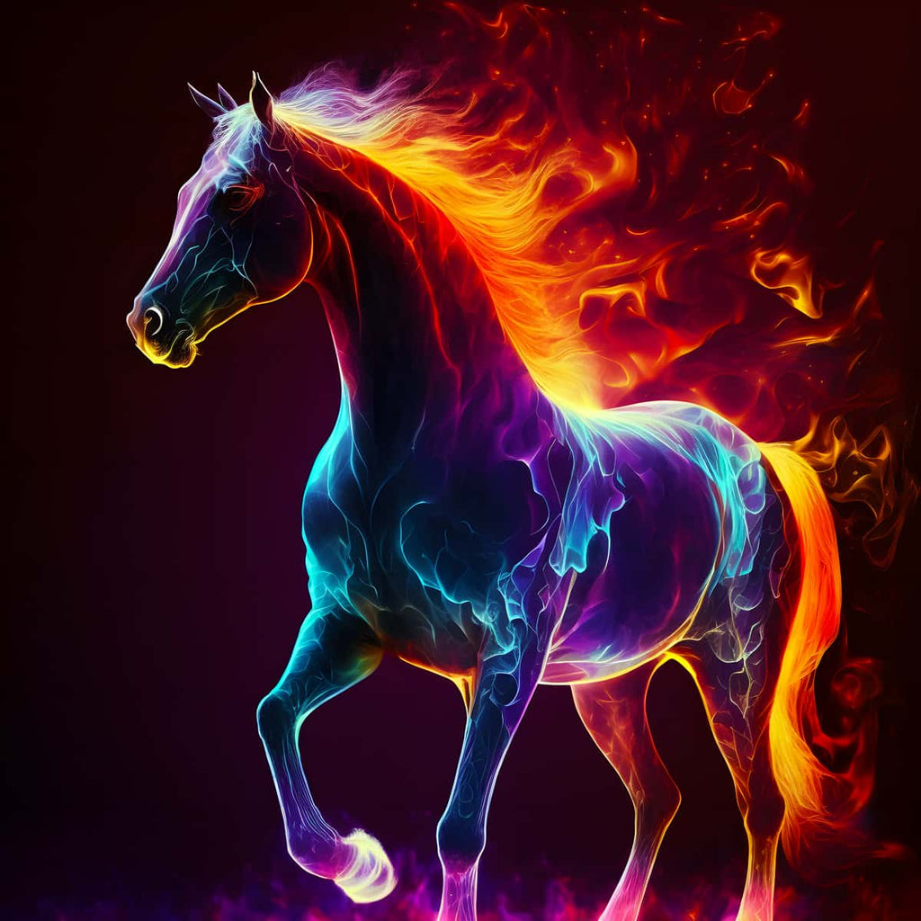 Diamond Painting - Fantastic Horse with vibrant, fiery colors. Paint by Numbers kit, featuring enhanced acrylic diamonds and tools.