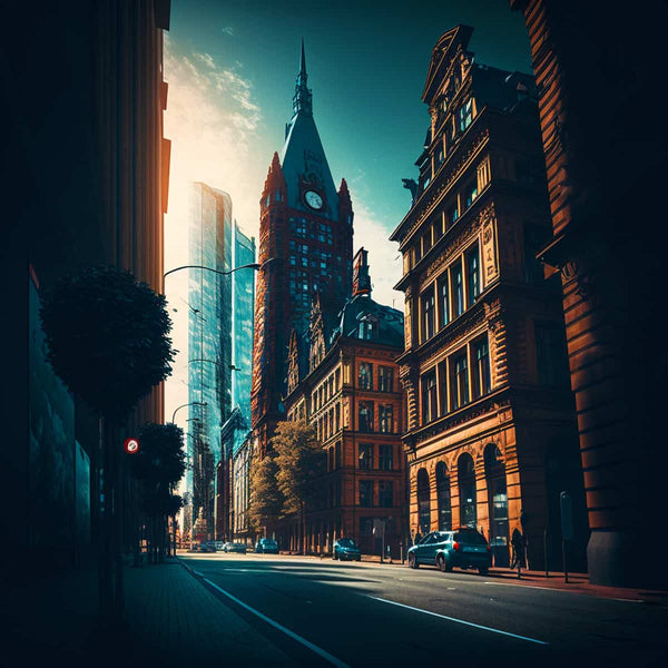 "Urban street view of beautiful Hamburg architecture featuring historic and modern buildings under a dramatic sky."