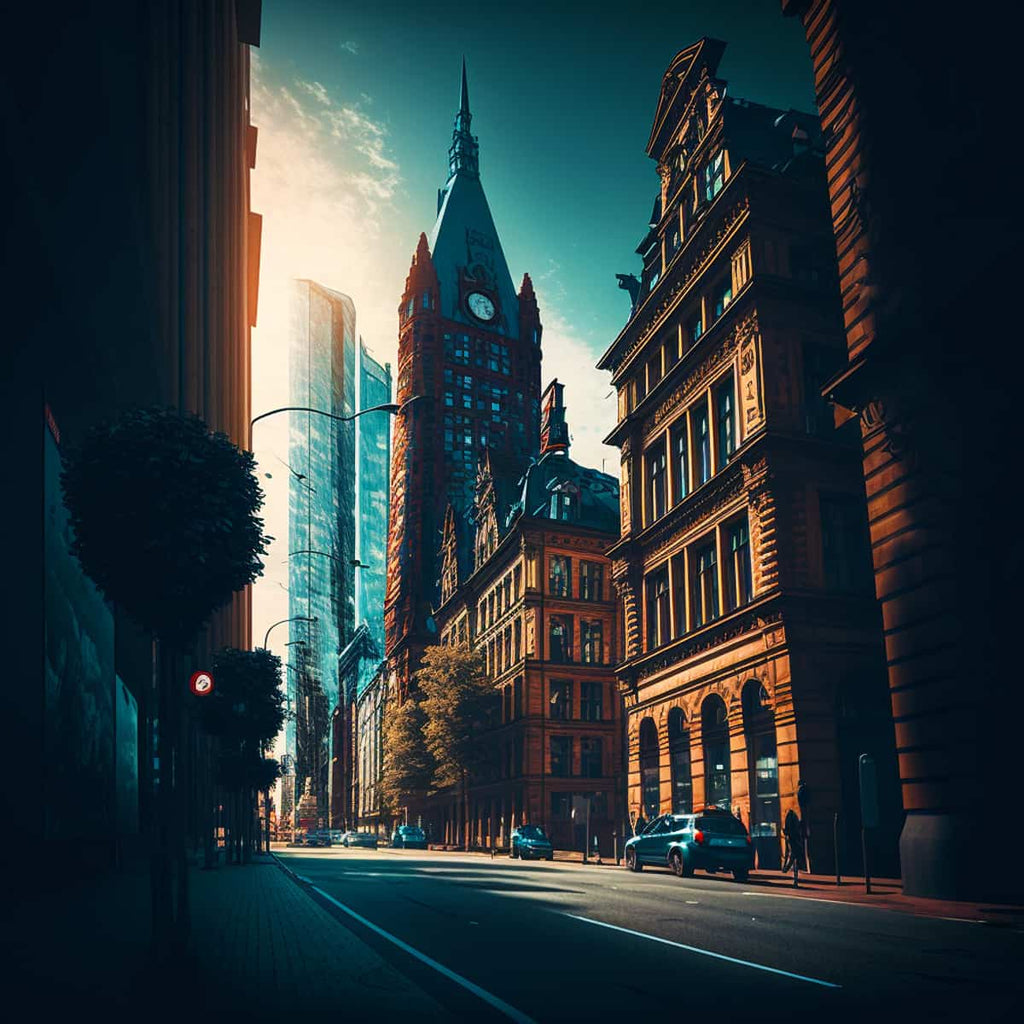 "Urban street view of beautiful Hamburg architecture featuring historic and modern buildings under a dramatic sky."