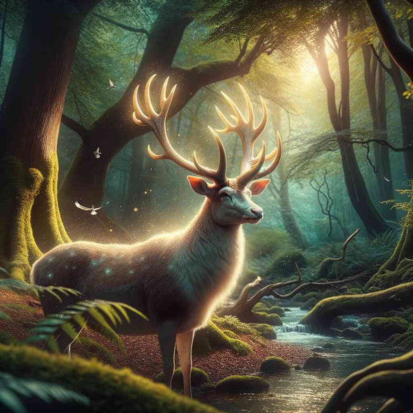 Paint by Numbers Waldzauber featuring a majestic deer in a sunlit magical forest with butterflies and sparkling lights.
