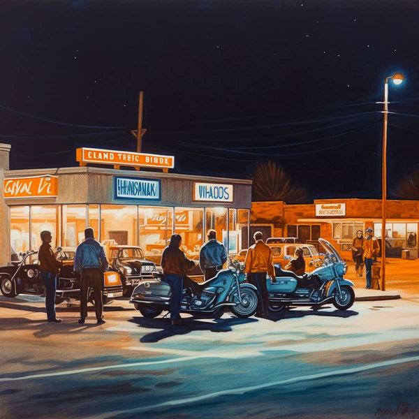 Motorcycle gathering at a retro gas station with cars and people under streetlights in a nighttime setting