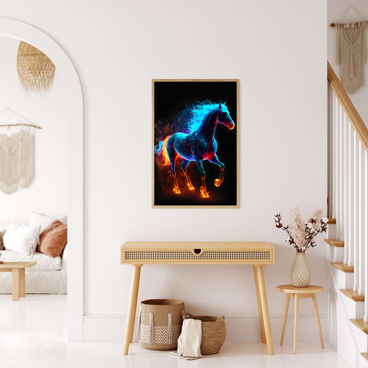 AB Diamond Painting - Fire Horse displayed in a modern living room, showcasing sparkling art with a paint by numbers style