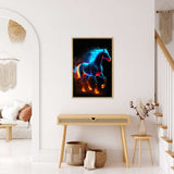 AB Diamond Painting - Fire Horse displayed in a modern living room, showcasing sparkling art with a paint by numbers style