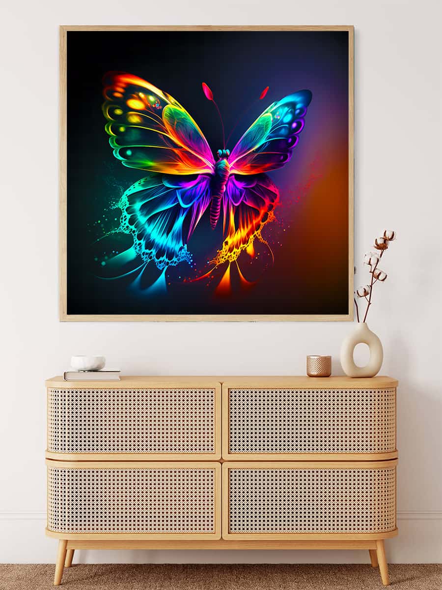 Vibrant Magic Butterfly Diamond Painting displayed above a modern wooden sideboard.