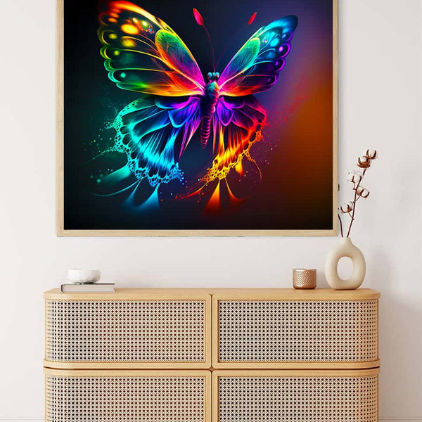 Vibrant Magic Butterfly Diamond Painting displayed above a modern wooden sideboard.