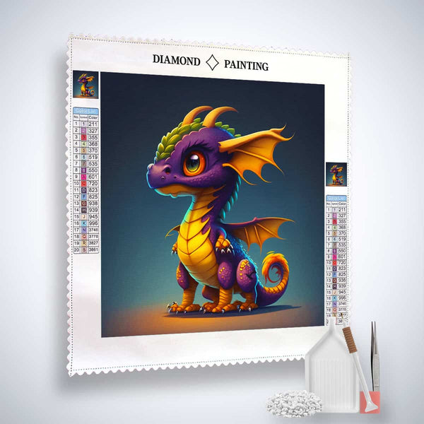 Diamond Painting Dragon Land kit with cute dragon design, acrylic diamonds, tweezers, and application pen for paint by numbers.