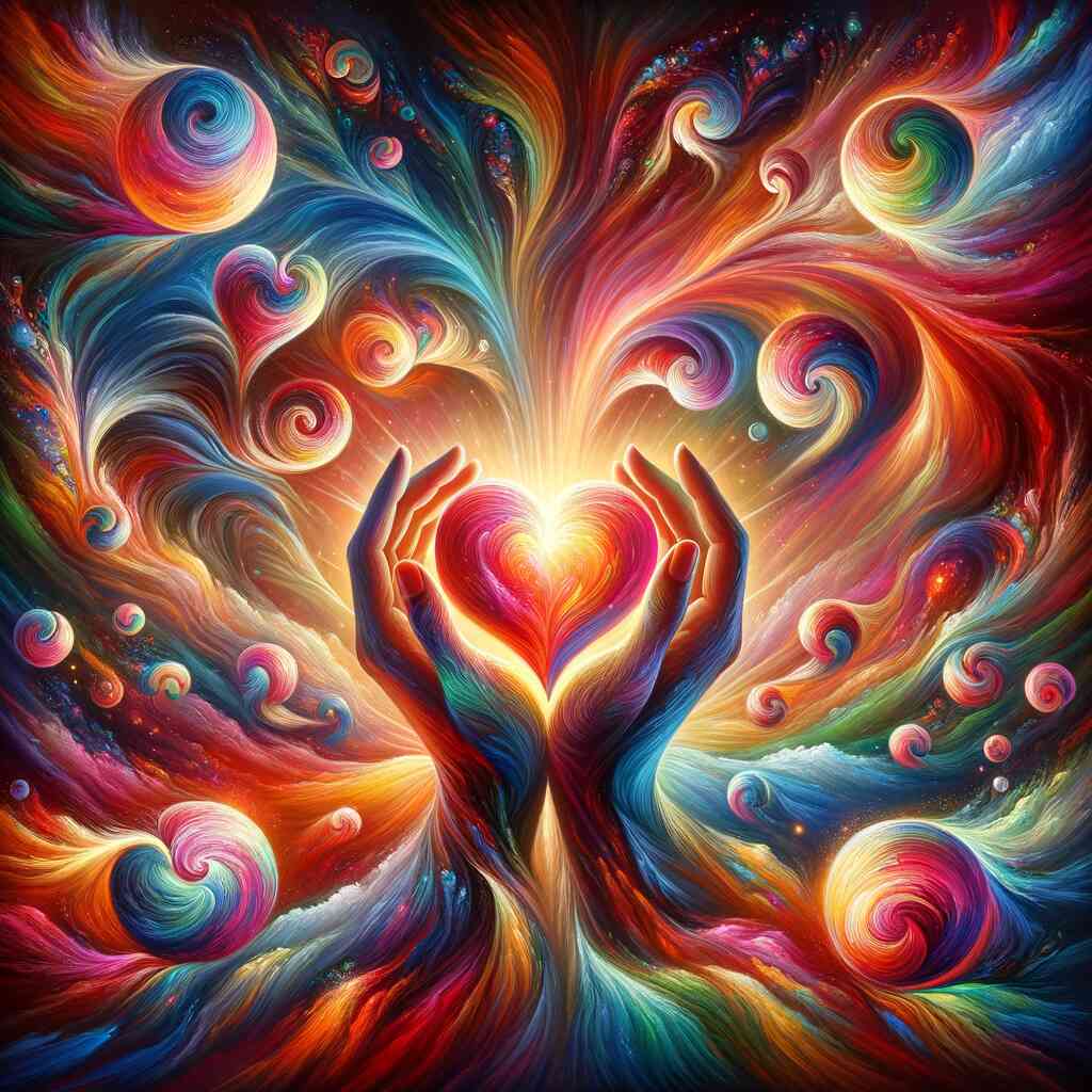 Paint by Numbers heart swirl of colors with hands reaching towards a glowing red heart amid vibrant, swirling waves of abstract colors.