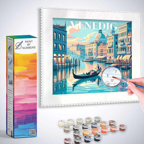 Paint by Numbers - Longing for Venice kit with a gondola on Venice's canals, paints and brush included